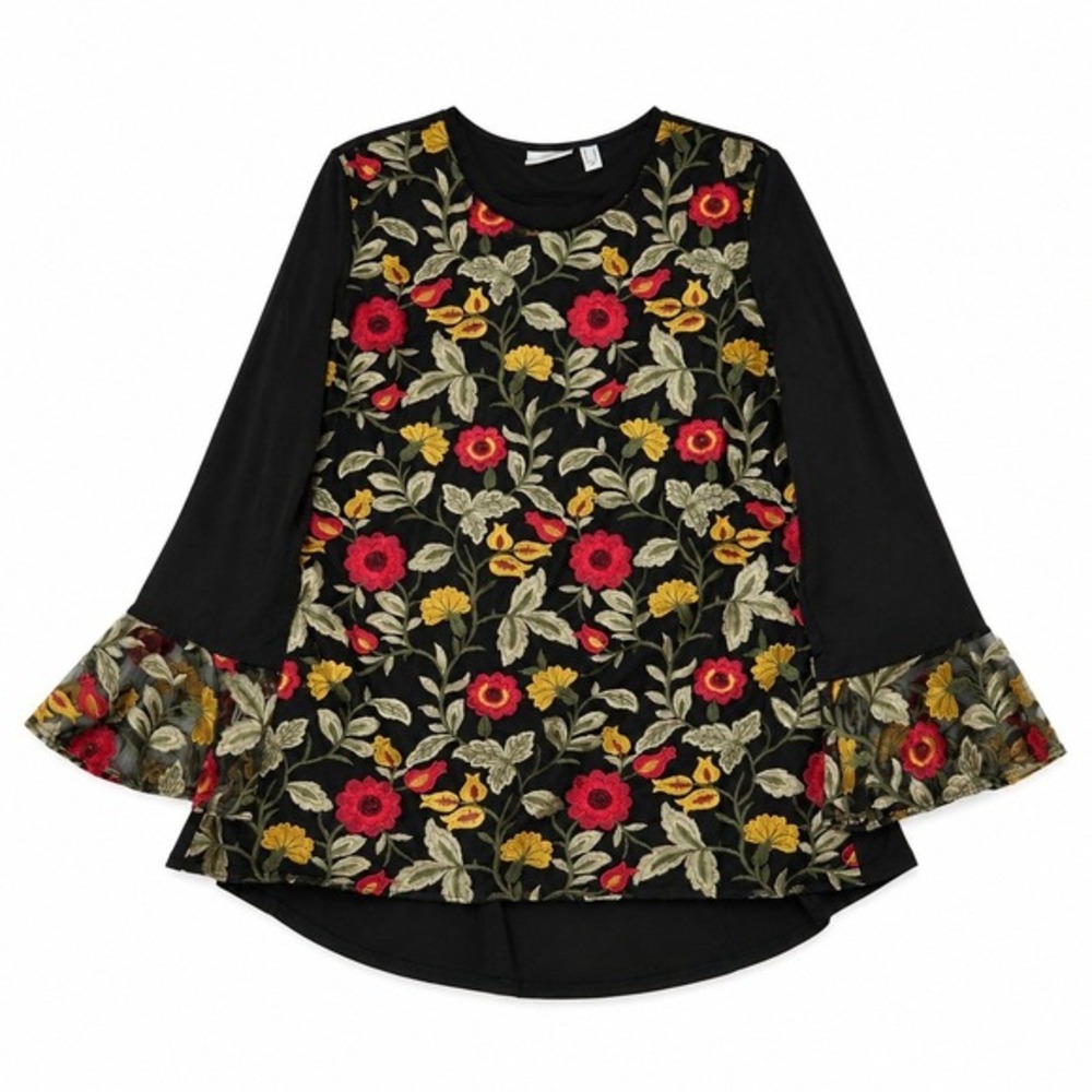 Susan‎ Graver Liquid Knit Embroidered Floral Mesh Bell Sleeve Tunic Top L - Picture 2 of 9
